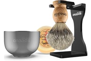 Anbbas Pure Badger Hair Shaving Brush Solid Manchurian Ash Wood Handle,Black Broken-Resistant Acrylic Shaving Stand,Stainless Steel Shaving Bowl Dia 3.2 inch and Goat Milk Soap 100g 4IN1 Set for Men