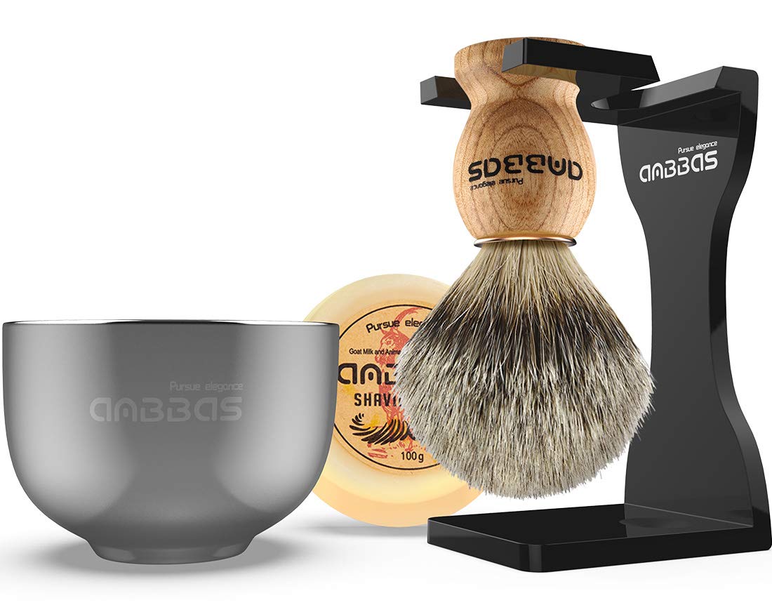 Anbbas 4IN1 Pure Badger Hair Shaving Brush Solid Manchurian Ash Wood Handle,Black Broken-Resistant Acrylic Shaving Stand,Stainless Steel Shaving Bowl Dia 3.2" and Goat Milk Soap 100g