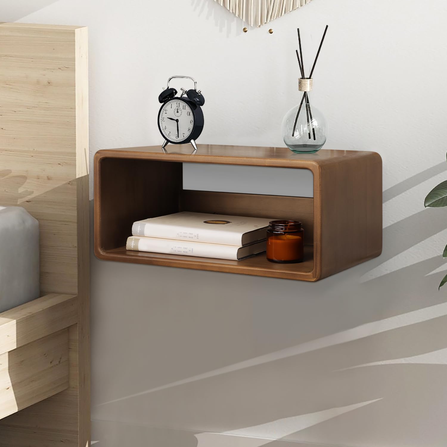 WDSHIYI Floating Nightstand, Wall Mounted Bedside Shelf, Handmade Bedroom Furniture,Pine Wood Floating Bedside Table, Minimalist And Unique Style 43 x 19 x 25 CM Brown