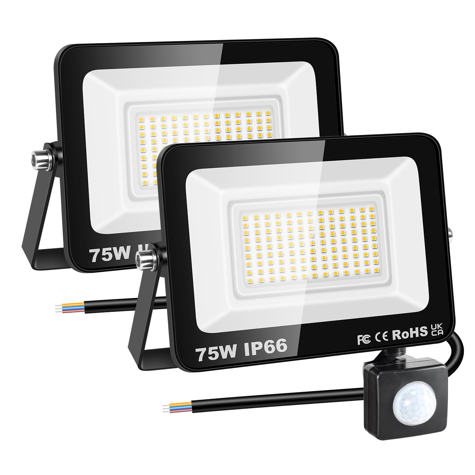 RIGIDON 2 Pcs PIR Motion Sensor Outdoor Security Light, 75W 7500 Lumens Outside Led Floodlight, Daylight Warm White Wall Light for Garden Garage Backyard Patio House Doorway, IP66 Waterproof 3000K