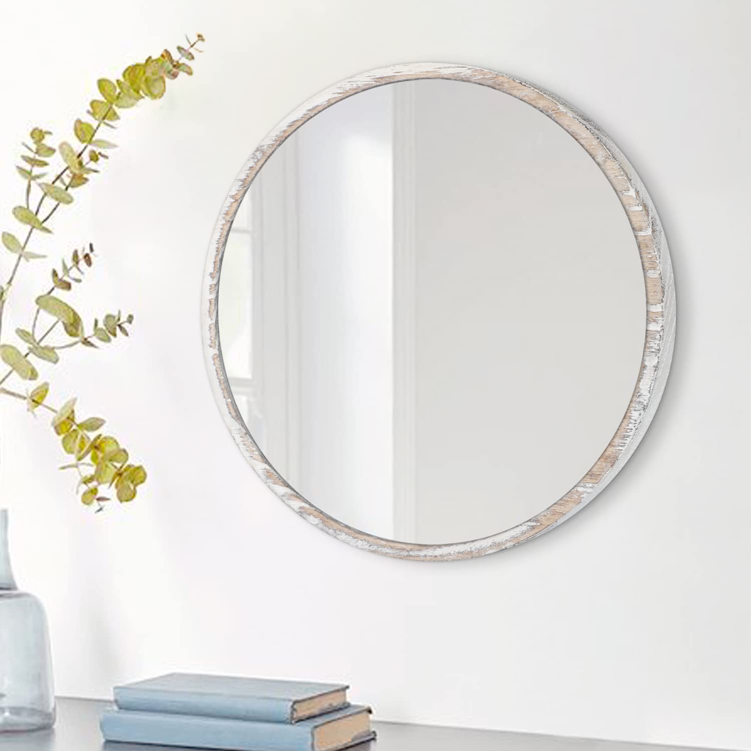 JJUUYOU Round Mirror, Small Hanging Wall Decorative Mirror Distressed Natural Wooden Farmhouse Frame with White for Bedroom, Bathroom or Dorm
