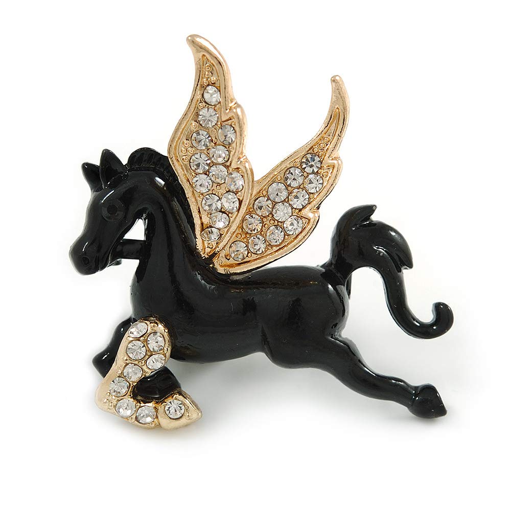 Black Pegasus/Horse with Gold Crystal Wings Brooch - 40mm Across