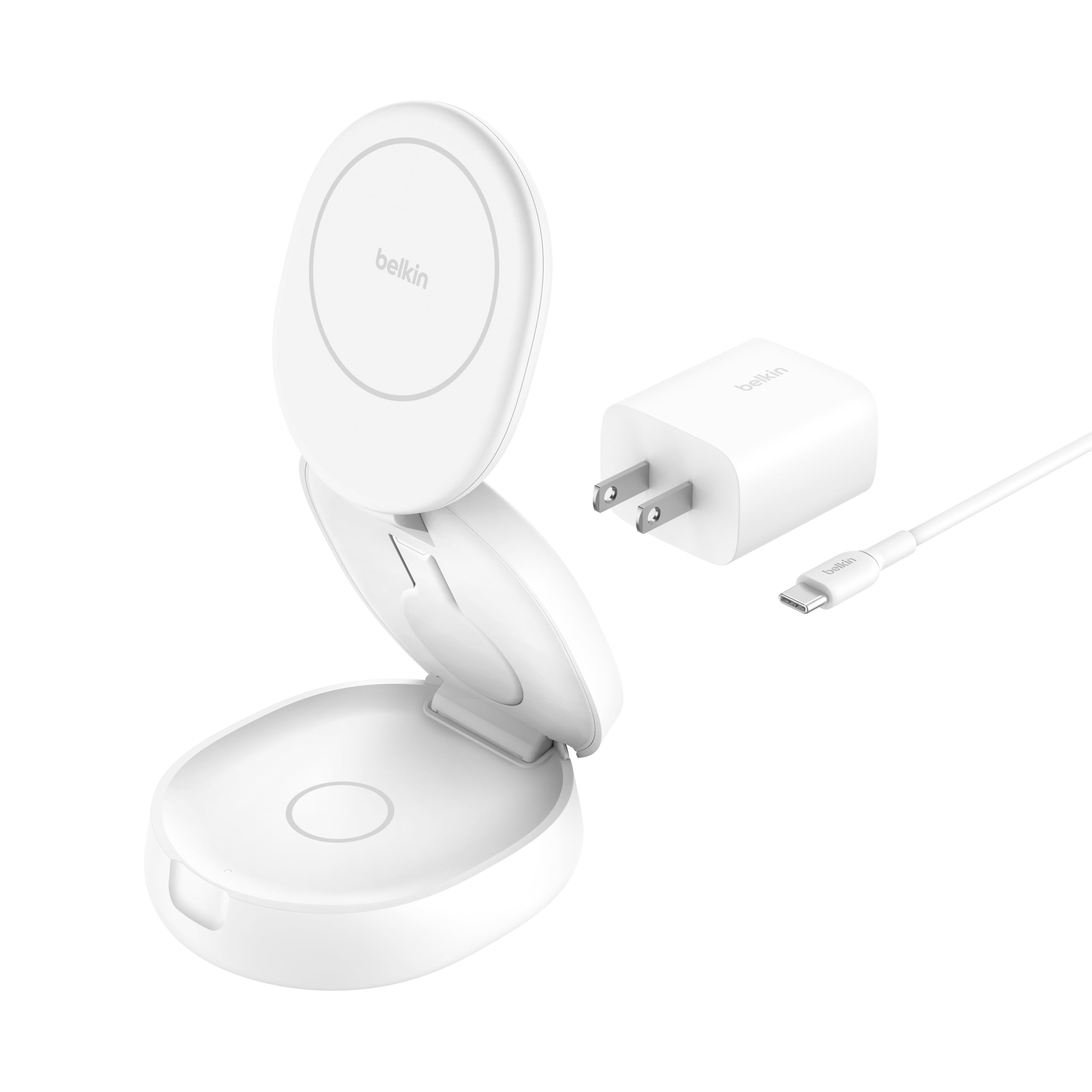 Belkin 3 in 1 Qi2ワイヤレス MagSafe対応 iPhone17,16～12/Qi2対応スマートフォン(最大15W) AirPods/ワイヤレス イヤホン iPhoneスタンバイモード対応 折り畳み式スタンド USB-Cケーブル付属(1.5m) 36W AC電源アダプター付属