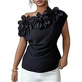 OYOANGLE Women's 3D Floral Off The Shoulder Cap Sleeve Blouse Casual Elegant Cocktail Dressy Tops Shirt