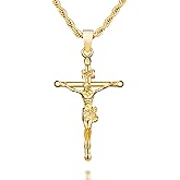 NORBU 18K Gold over S925 Crucifix Necklace for Men with Rope/Cuban Chain, Catholic Jesus Cross Pendant, Men's Religious Gift for Easter Christmas