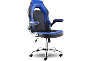 OLIXIS Ergonomic Gaming Office Chair - PU Leather Executive Swivel Computer Desk Chair with Flip-up Armrests and Lumbar Support for Working, Studying, Gaming, Grey, Blue (A-95blue)