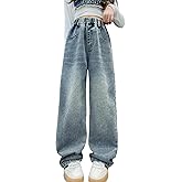 LittleXin Kids Girls' Fashion Elastic Waist Wide Leg Baggy Denim Pants Straight Washed Loose Jeans Age 5-14 Years