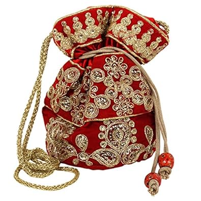 Purpledip Potli Bag (Clutch, Drawstring Purse) For Women With Intricate Gold Thread & Sequin Embroidery Work