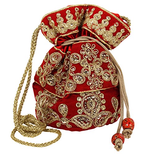 Purpledip Potli Bag (Clutch, Drawstring Purse) For Women With Intricate Gold Thread & Sequin Embroidery Work, Red Color (10040)