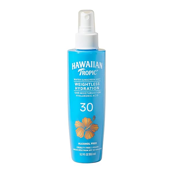 HAWAIIAN TROPIC WEIGHTLESS HYDRATION WATER MIST FOR BODY SPF 30, 5.2OZ | HAWAIIAN TROPIC BODY SPRAY SUNSCREEN MIST, WATER BASED SPF 30, NON-AEROSOL SUNSCREEN SPRAY, 5.2OZ