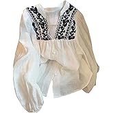 GORGLITTER Women's Boho Peasant Blouses Embroidered Tops Sheer Long Sleeve Button Up Shirts Casual Going Out Outfits