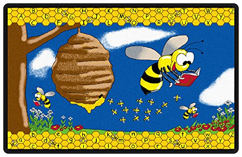 Flagship Carpets FE140-44A Busy Bee with Letters Rug, Help Kids Understand Upper and Lowercase Letters, Children's Classroom Educational Carpet, 7'6" x 12', 90" Length, 144" Width, Blue/Multi-Color