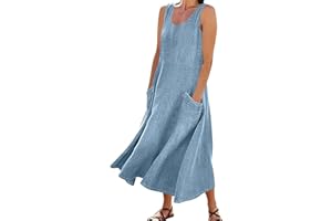 Frostluinai Denim Dress for Women Sleeveless Midi Summer Tank Jeans Dresses with Pockets Beach Vacation Casual Sundresses