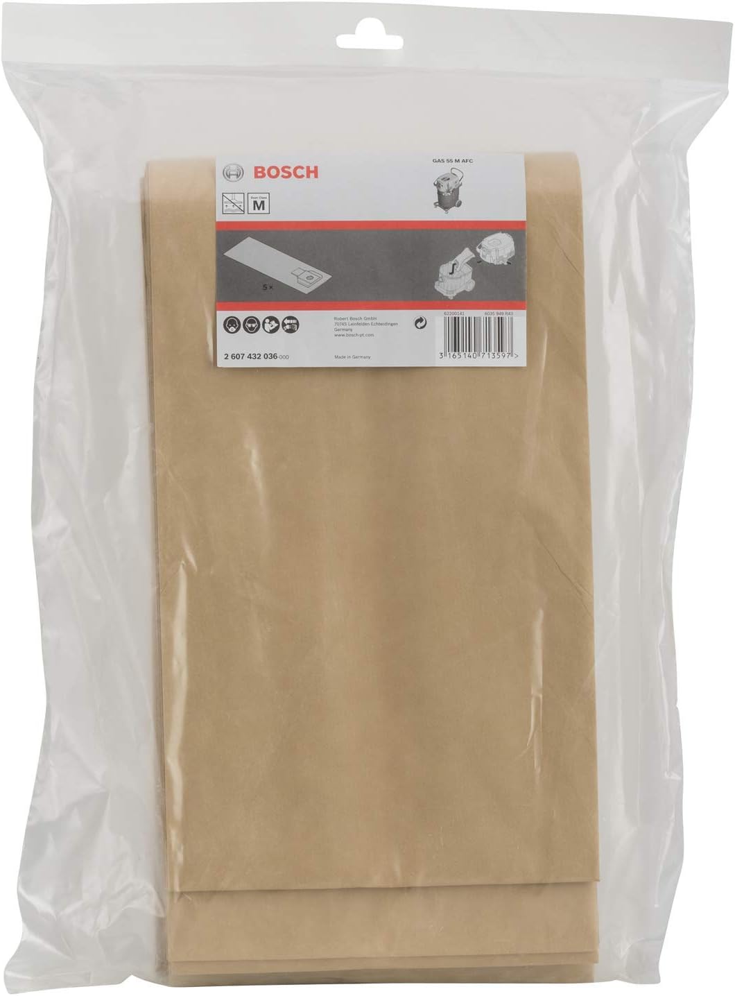 Bosch 5x Paper Filter Bag (for GAS 55 M AFC, Accessories Dust Extractors), Brown