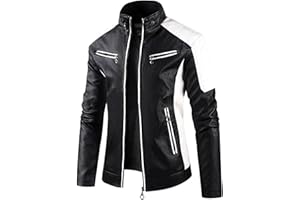 DMOYALA Men's Stand Collar Leather Jacket Fall Trendy Color Block Motor Biker Jacket Full Zip Outerwear Coats S-5XL