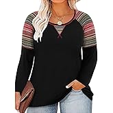 TIYOMI Plus Size T Shirt Tunic Tee Long Sleeved t Shirt Round Neck Raglan Color Block Tshirt Colorful Fall Autumn Winter Tee