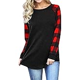 Smile Fish Womens Crewneck Raglan Long Sleeve Shirts Buffalo Plaid Relaxed Fit Christmas Top Tees