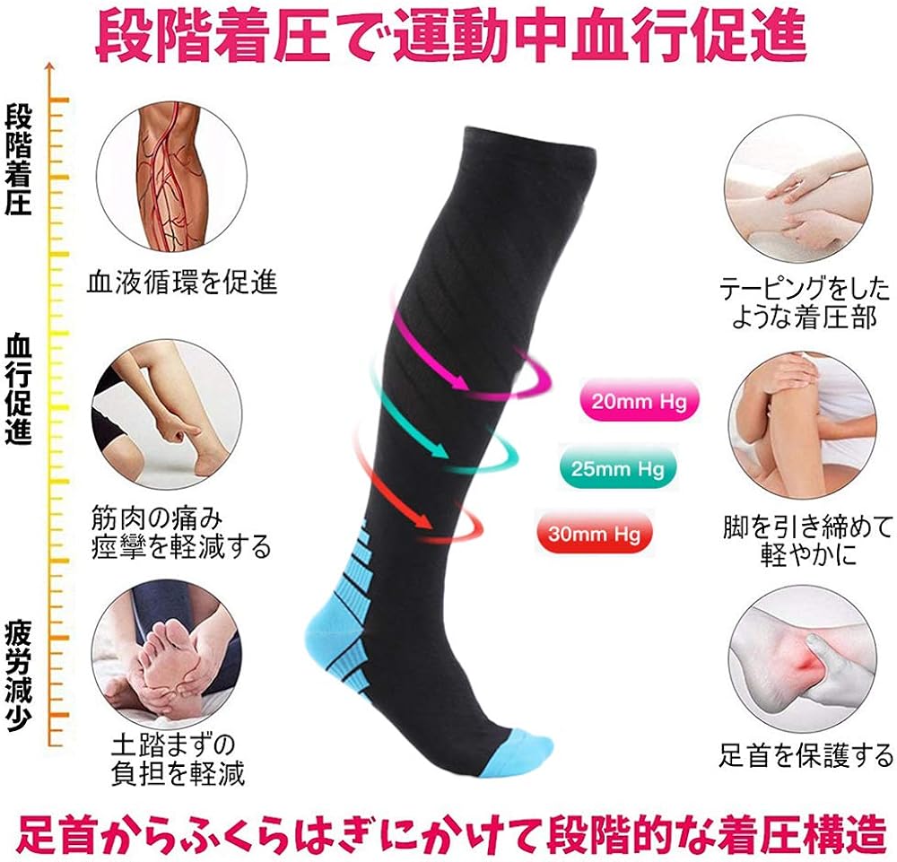 iyoiyo コンプレッションソックス 疲労減少 スポーツソックス 着圧靴下 弾性ソックス ふくらはぎサポーター 血行促進 全10色 SOKa01 (ブルー,S/M)