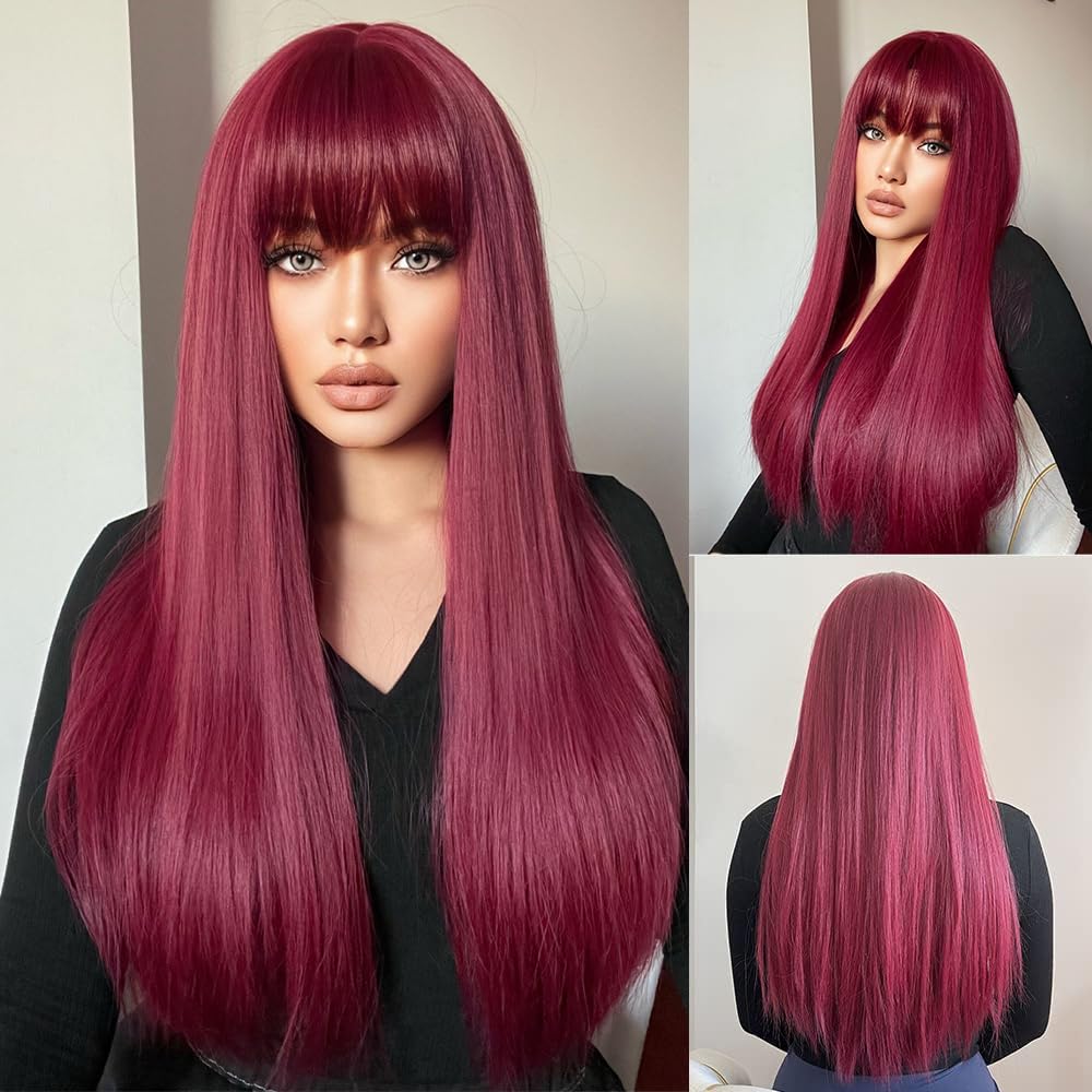 Esmee Long Straight Wine Red Wigs for Women Cosplay Wig with Fringe Natural Hair Synthetic Hair Heat Resistant Burgundy Wig — image 1