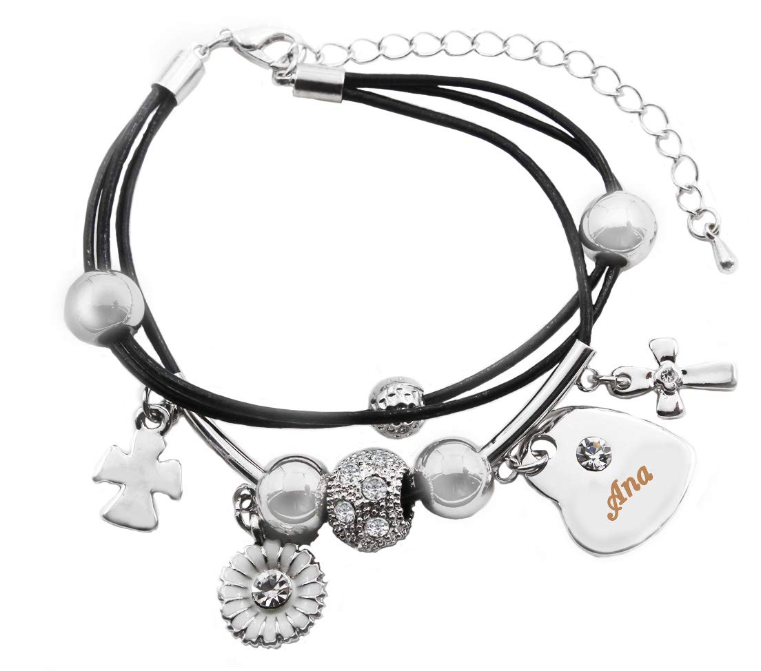 Kigu ANA Name Bracelet - Genuine Leather Multi Strand Bracelet & 18K White Gold Plated Engraved Heart Charm