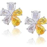 RIZILIA BLOSSOM 18K White Gold Plated Flower Earrings for Women, Pear Cut CZ [Simulated Yellow Citrine] Floral Stud Earrings, Trendy Jewelry Gift for Women Mom
