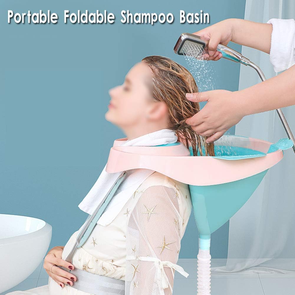 Ibnotuiy Foldable Shampoo Basin Shampoo Bowl Hair Washing Sink with Strap and Removable Drain Tube for Pregnant Women/Elderly/Disabled (Blue and Pink): Health & Personal Care