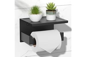 HITSLAM Toilet Paper Roll Holder, Black Toilet Paper Holder with Shelf Storage, Self Adhesive Roll-Holder No Drill or Wall-Mo