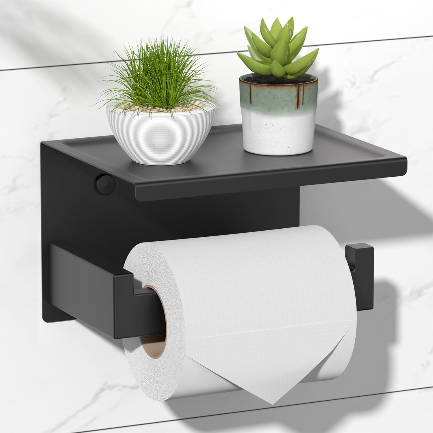HITSLAM Matte Black Toilet Roll Holder with Phone Shelf, Stick on Toilet Paper Holder for Bathroom, SUS 304 Stainless Steel, Two Installation of Self-Adhesive and Wall Mounted