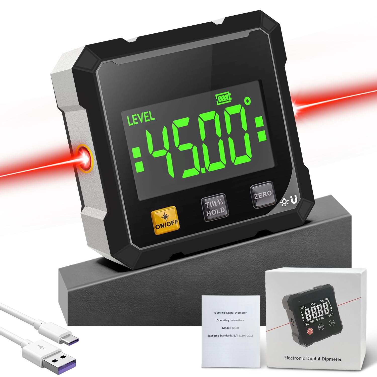 Digitaler Winkelmesser mit Laser, 4-seitig Magnetisch mit LCD Display, Type-C Schnittstelle IP54 Wasserdicht, ±0,2° Präzision Inklinometer für BAU, Maschinen, DIY Arbeiten 8