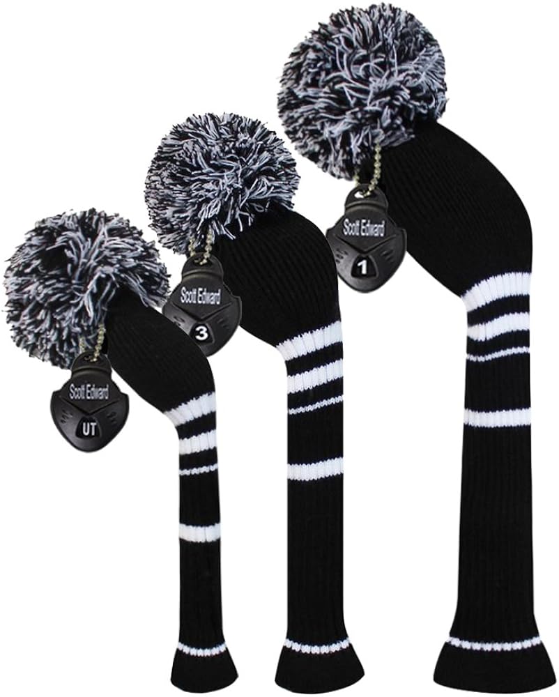 Scott Edward Black Color White Stripes Golf Pom Pom Head Covers Set of 3 for Wood Clubs, Rotating Number Tags : Sports & Outdoors