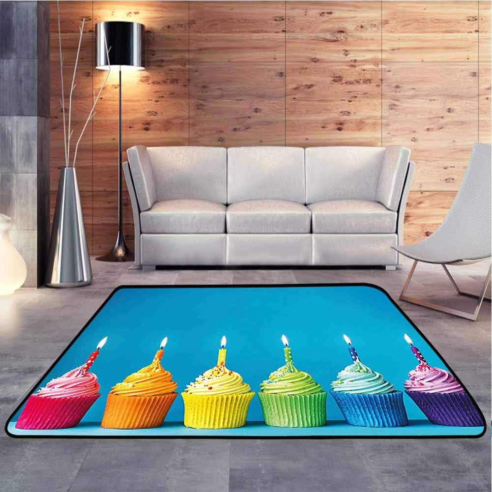 Floor Mat Cupcakes in Rainbow Colors with Candles Fun Homemade Party Food Sweet Durable Floor Carpet for Bedroom Play Room Game, 5 x 8 Feet