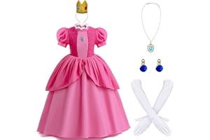 Enccfoeo Princess Peach Costume Dress Girls Kids with Crown Wig Gloves and Earrings Super Brother Cosplay Halloween Costumes