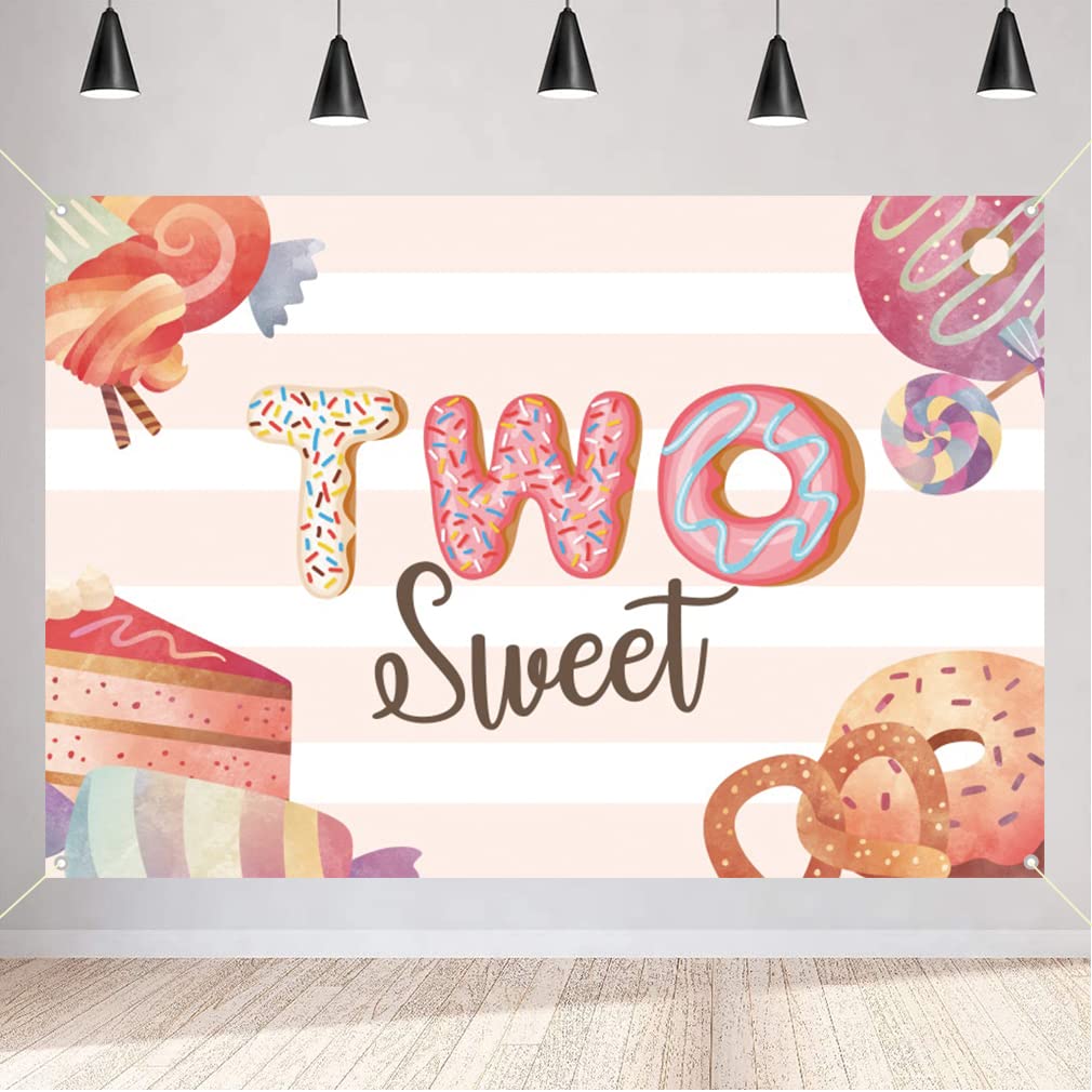 2nd Birthday Decorations for Girl, Two Sweet Donut Theme 2nd Birthday Backdrop Photo Background, 2 Years Old Party Supplies Fabric Sign Poster Banner Welcome Sign, 150 cm x 90 cm