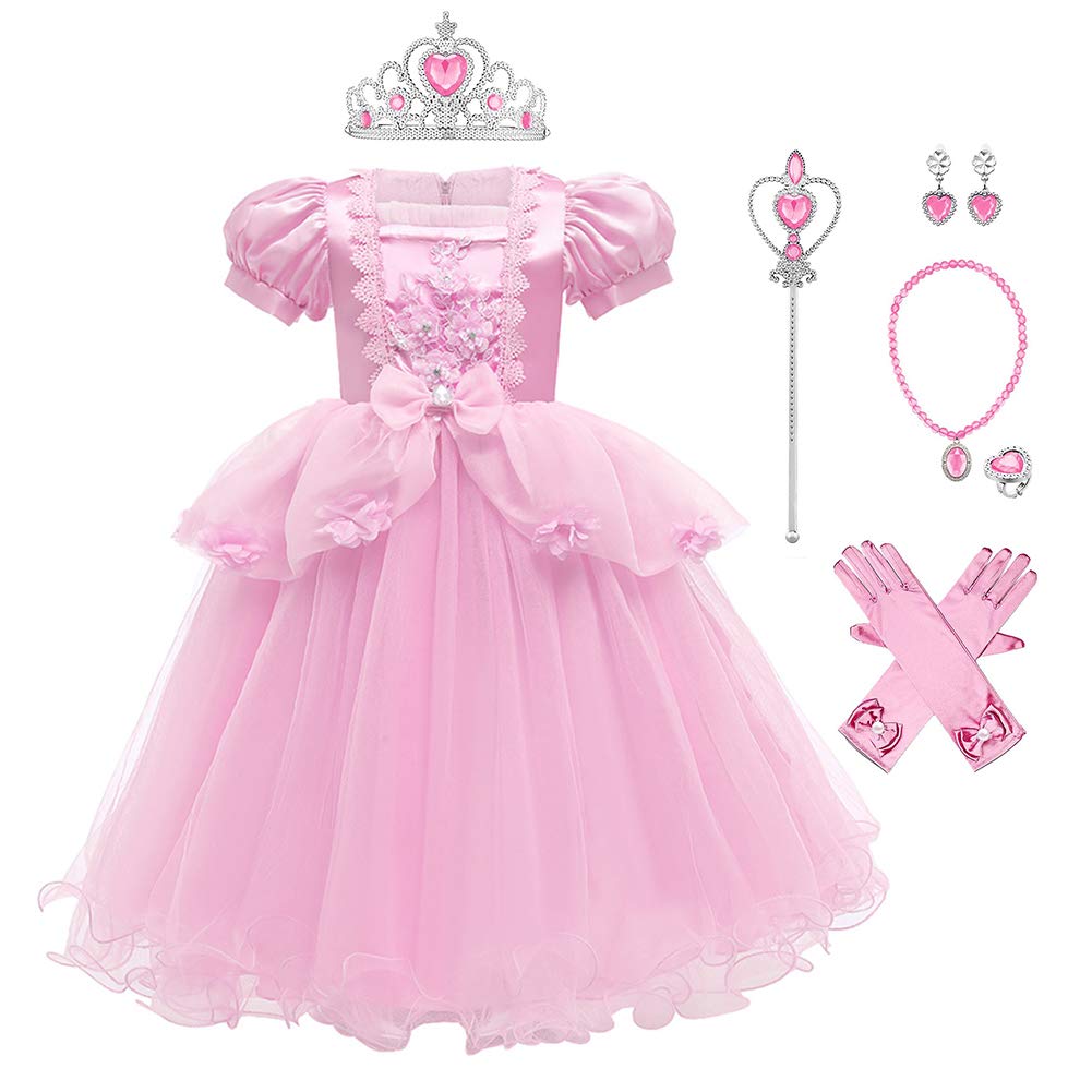 IBAKOM Kids Cinderella Dress up Girls Princess Costume Fairy tale Sophia Rapunzel Cosplay Fancy Dress Halloween Carnival Outfit Pink 3(with accessories) 4-5 Years