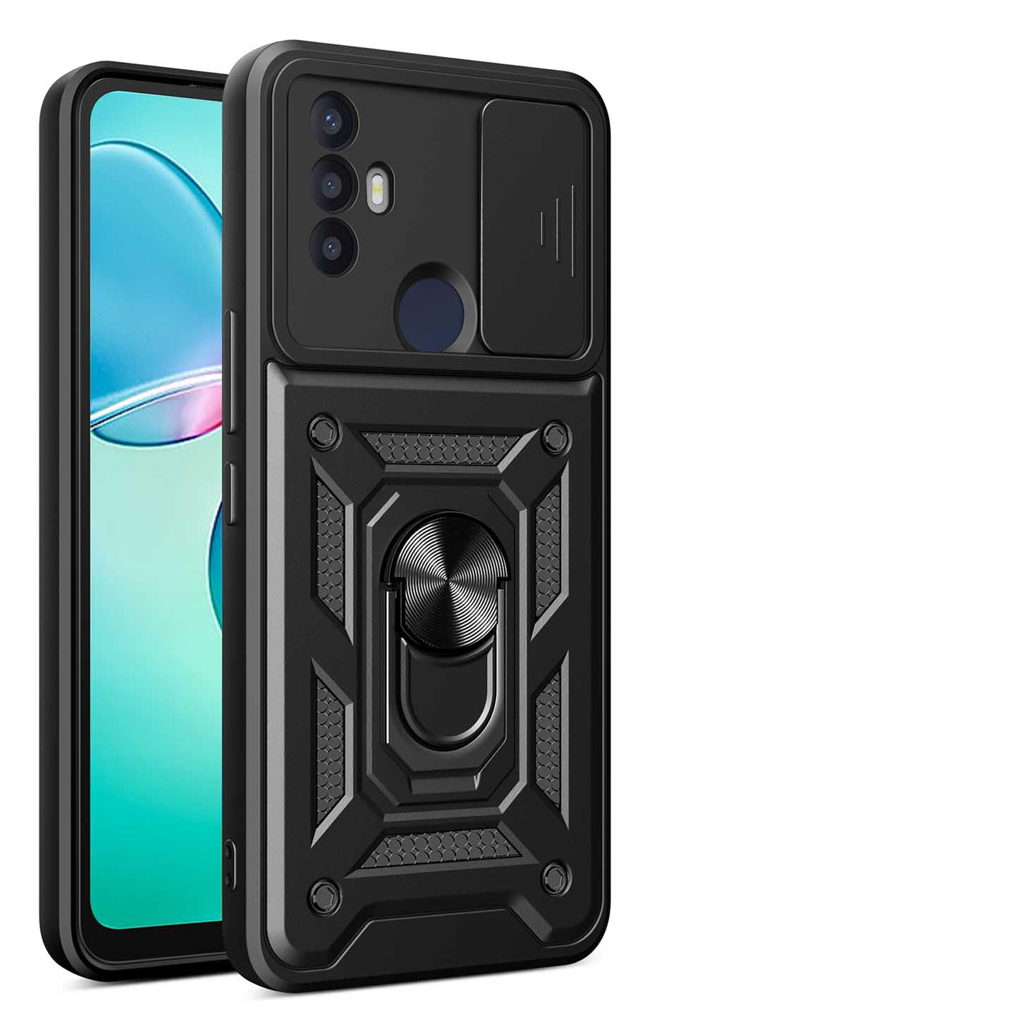 ILING Case for TCL 30 SE/TCL 305 / TCL 306, Ultra-thin Matte Texture Hard PC + Soft Silicone TPU Bumper Shockproof Heavy Duty Cover, with Ring Kickstand & Slide Camera Cover (Black)