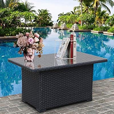 Outdoor PE Wicker Coffee Table - Patio Rattan Garden Furniture Multi-Functional Storage Tea Table with Glass Top, Black 61VLqM%2BImAL