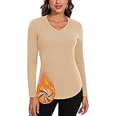 WOWENY Thermal Shirts for Women V Neck Fleece Lined Long Sleeve Base Layer Soft Warm Underwear Tops Cold Weather