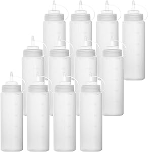 Bekith 12 pack 16 Oz Wide Mouth Plastic Squeeze Condiment Bottles with Twist On Cap Lids and Discrete Measurements, Empty Squirt Bottle For Sauce, Ketchup, Paint