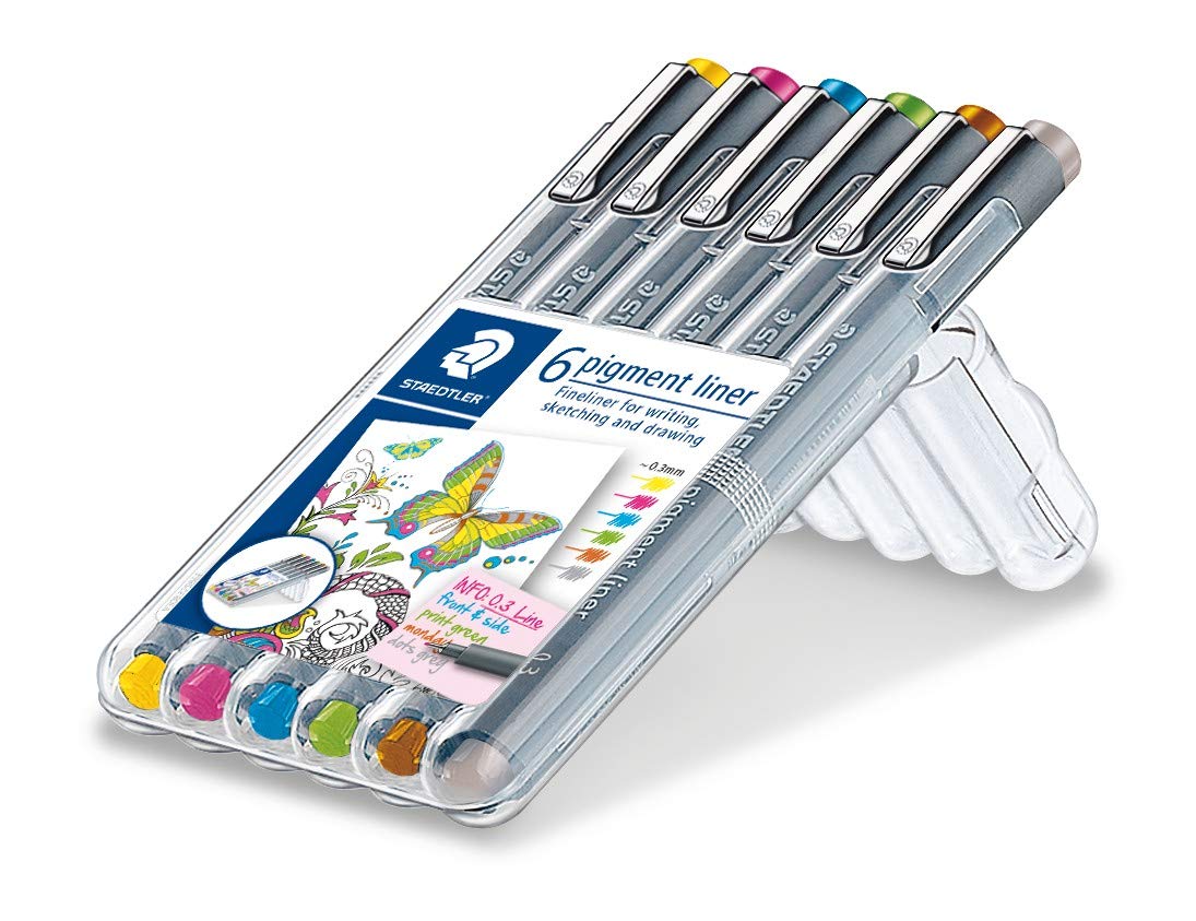STAEDTLER 30803S2SB6 Pigment Liner Pens - Assorted Colours, 0.3 mm (Set of 6)