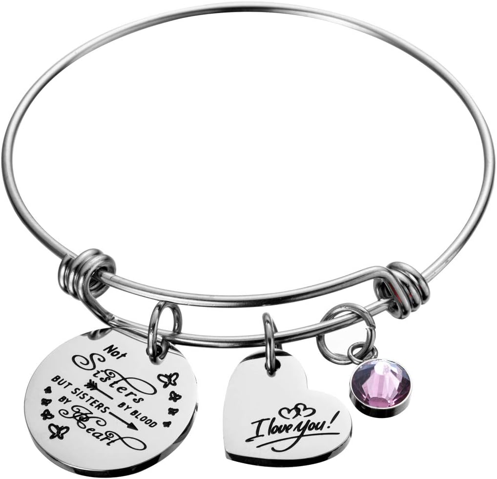 Not Sisters By Blood But Sisters By Heart Birthstone Charm Bracelet Friendship Gift I Love You Sister Cuff Friend Jewelry