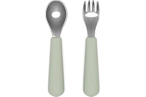 Lalo Utensils - Toddler Fork and Spoon Set - Stainless Steel and Silicone Ergonomic Toddler Utensils - Children Safe Flatware Set - 2 Pieces - Sage