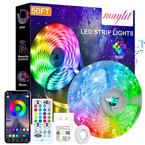 maylit 50FT LED Strip Lights, Bluetooth RGB LED Lights with App and Key Remote Control, Bright
