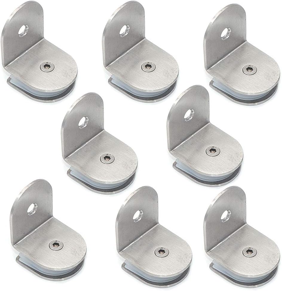 NUZAMAS Set of 8 Stainless Steel 90 Degree Glass Clamp Brackets, Wall Mounted, 8-12MM Thickness Glass Panel, Brushed Silver Finish