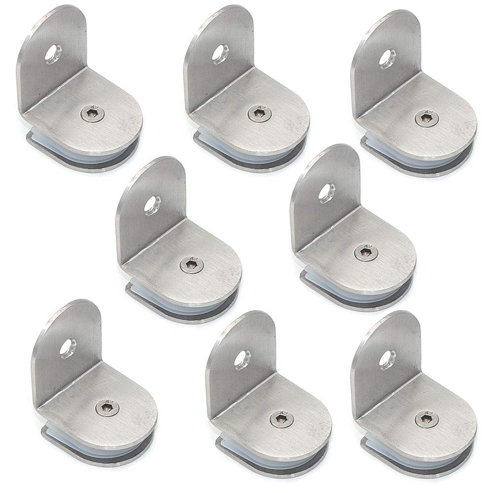 NUZAMAS Set of 8 Stainless Steel 90 Degree Glass Clamp Brackets, Wall Mounted, 8-12MM Thickness Glass Panel, Brushed Silver Finish