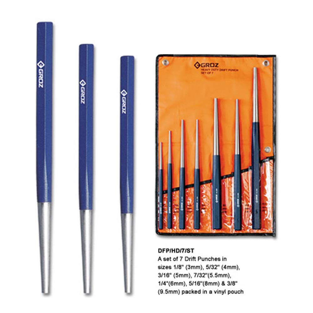 GROZ 25809 7Piece Drift Punch Set Heavy Duty Hex Shank Alignment Punch 5258 HRC (25809