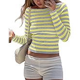 BAIGRAM Women Y2K Boat Neck Striped Crop Sweater Long Sleeve Slim Fit Knit T-Shirt Top Aesthetic Preppy Pullover Fall Outfits