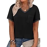 Eytino Women Plus Size Tops V Neck Short Sleeve Striped Causal Loose Blouse Shirts with Pocket(1X-5X)