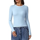 QINSEN Long Sleeve Shirts for Women Crewneck Rib Knit Slim Fit Going Out Tops Casual Basic Tee
