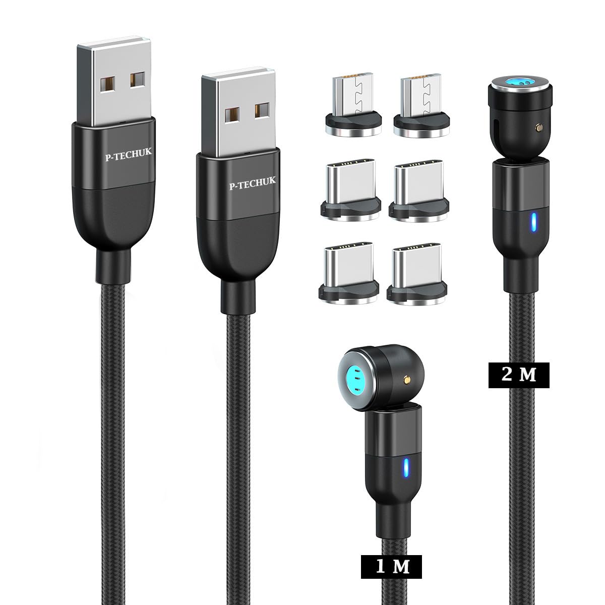 P-TECHUK Fast Charging Magnetic Data Cable, Magnetic Charging Cable with Data Transmission. Type C and Micro Usb connectors - A17 Black (1M 2M Cables, 6 x Tips)