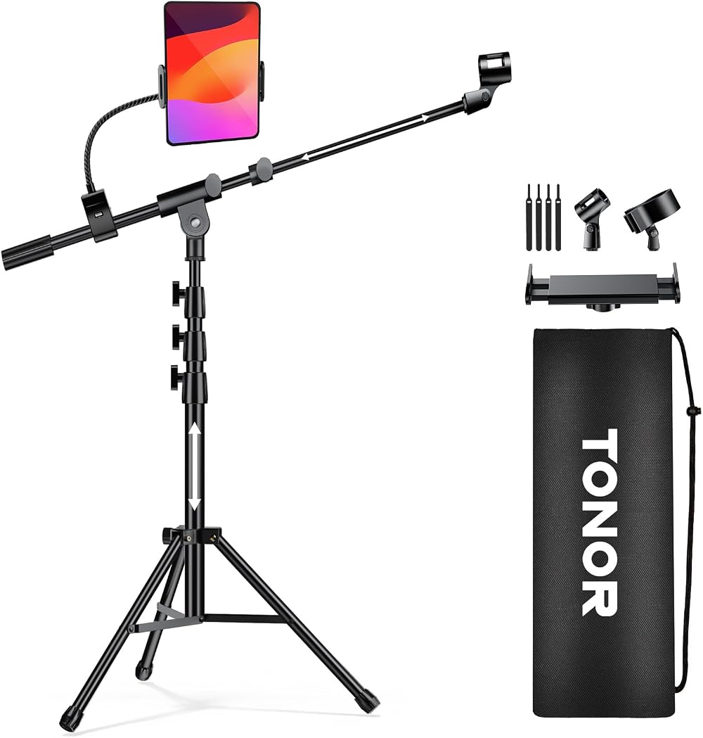 TONOR T35 Microphone Stand with Tablet Holder Tripod Boom Arm Heavy Duty